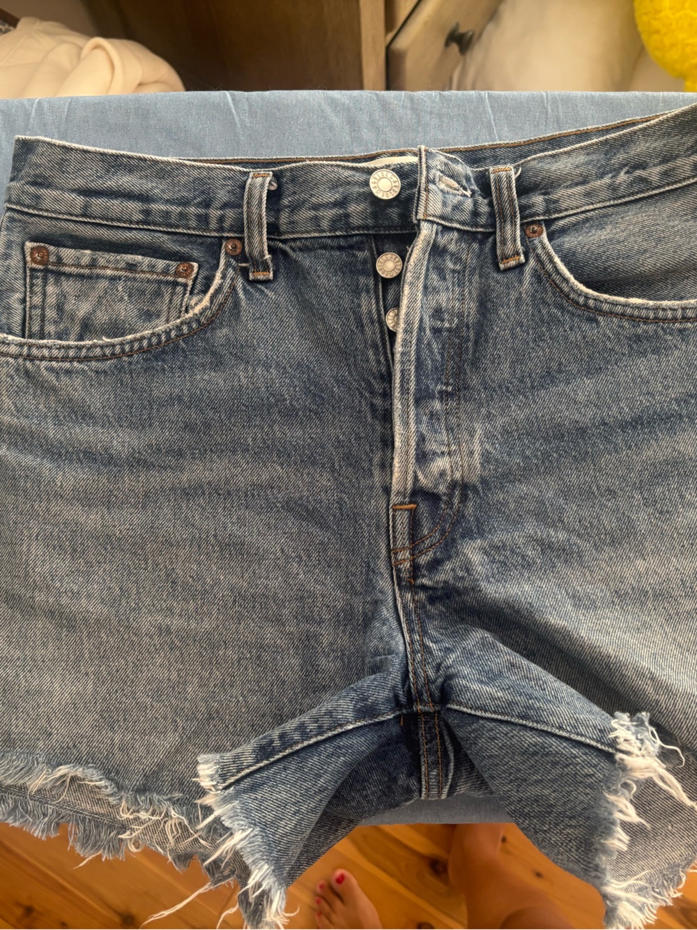 Agolde Light Blue Raw Hem Denim Shorts